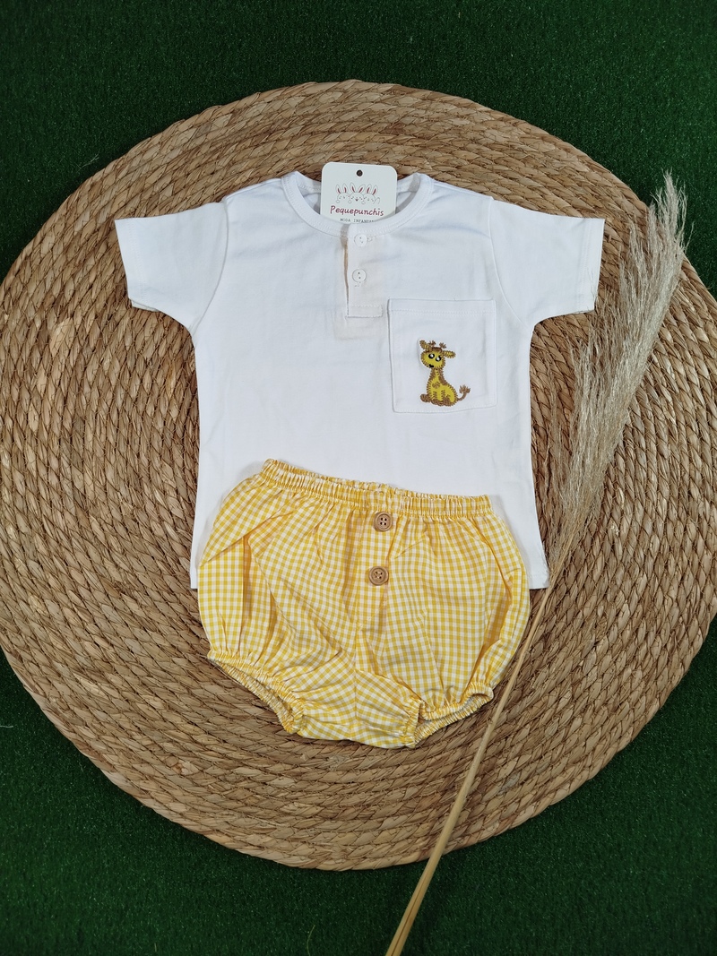 Conjunto bebe niño jirafa vichy amarillo