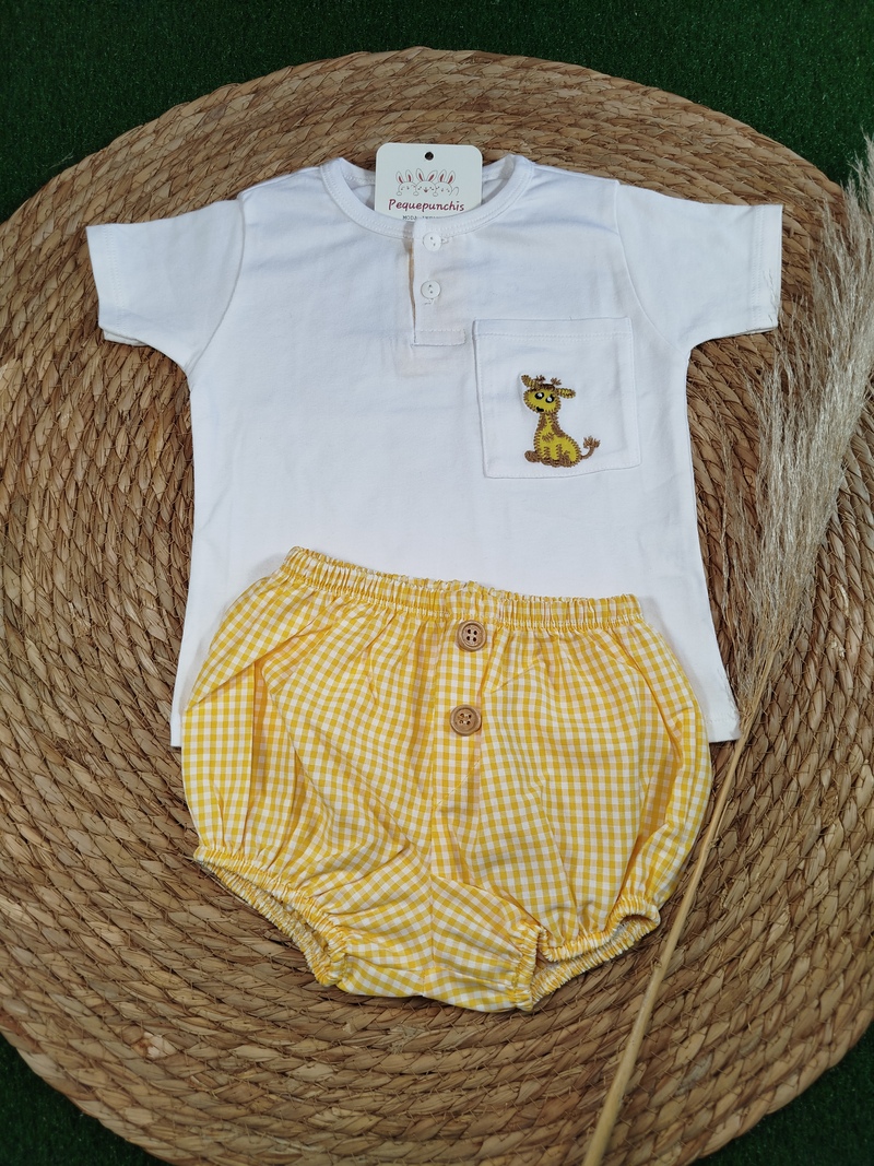 Conjunto bebe niño jirafa vichy amarillo - Imagen 2