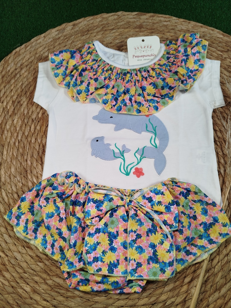 Conjunto niña delfin cuello volantes flores - Imagen 2