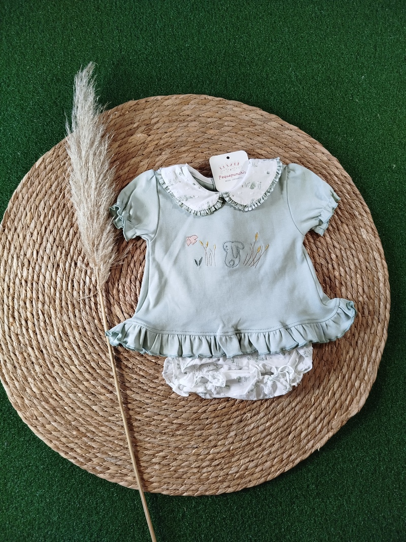 Conjunto bebe niña verde conejitos cuello bobo