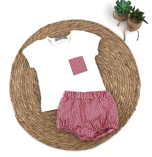 Conjunto niño vichy rojo con bolsillo en blusa