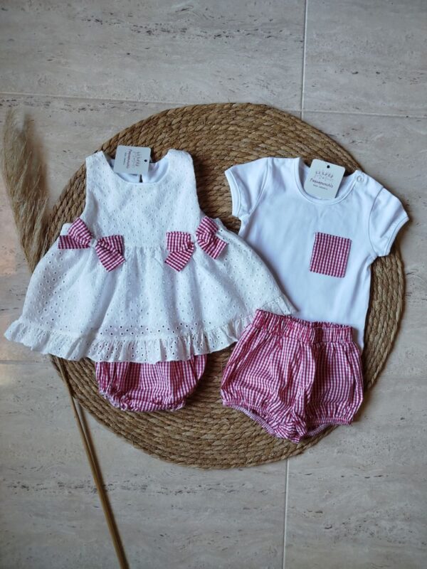 Conjunto niño vichy rojo con bolsillo en blusa - Imagen 2