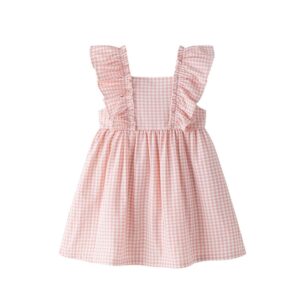 Vestido niña vichy rosa con volantes laterales